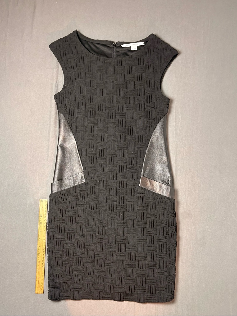Black Textured Sheath Dress with Faux Leather Insets